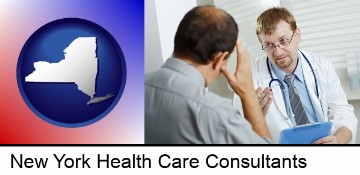 a doctor consulting with a patient about health symptoms in New York, NY