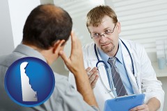 delaware map icon and a doctor consulting with a patient about health symptoms